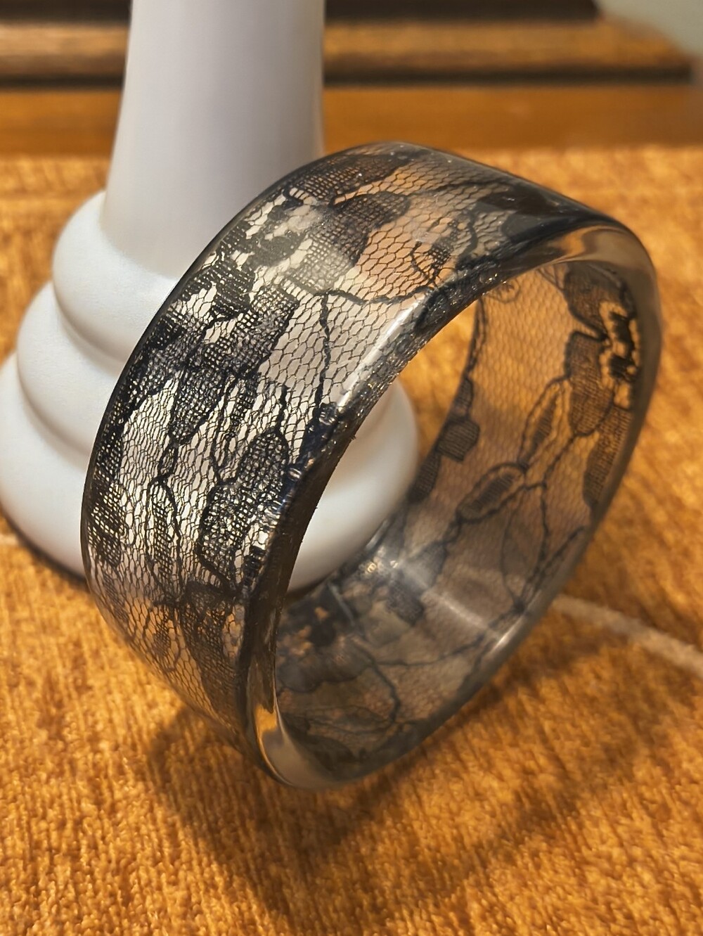 Vtg Chunky Clear Lucite Black Lace Retro Madonna Style Bangle 80s Rave Glam Boss
